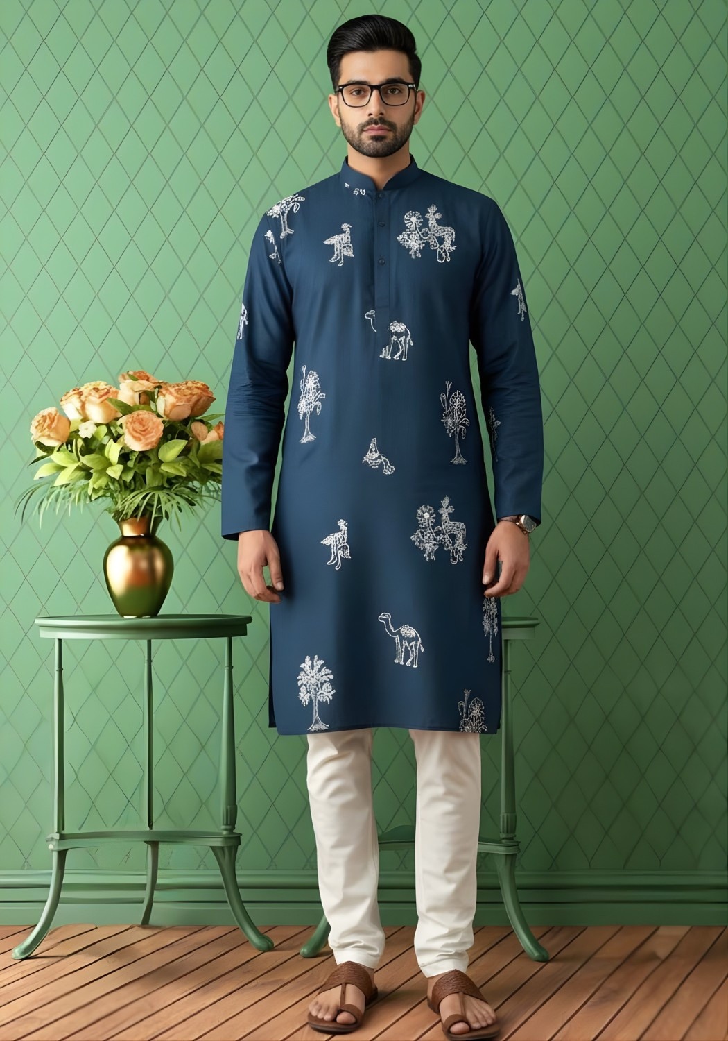 Cotton Dhaga Roman Silk Men Kurta with Stylish Sequins