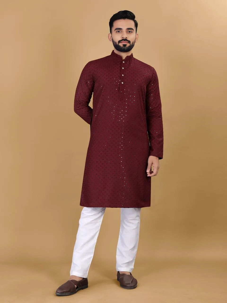 Manyawar Cotton Straight Men's Kurta pajama with Sequin