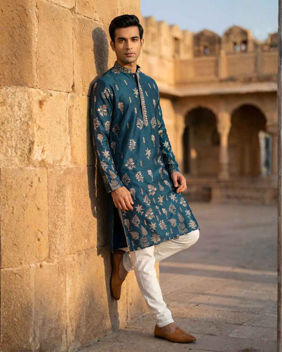 Peacock Blue Kurta with silk Fabric & Daman Work