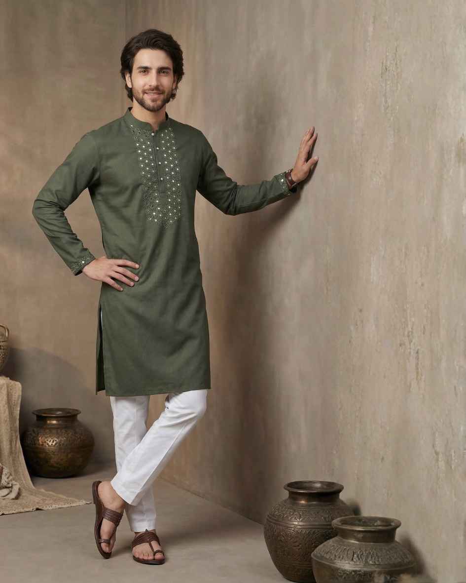 Olive Green with Silk Fabric & Mirror Work Kurta