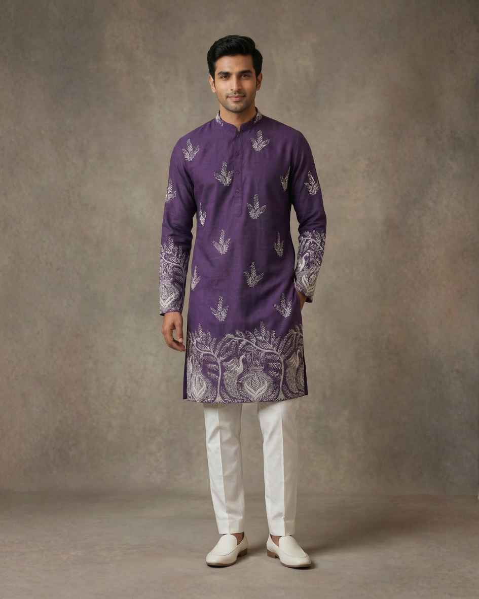 Purple Goverdhan Daman Kurta With Silk Fabric